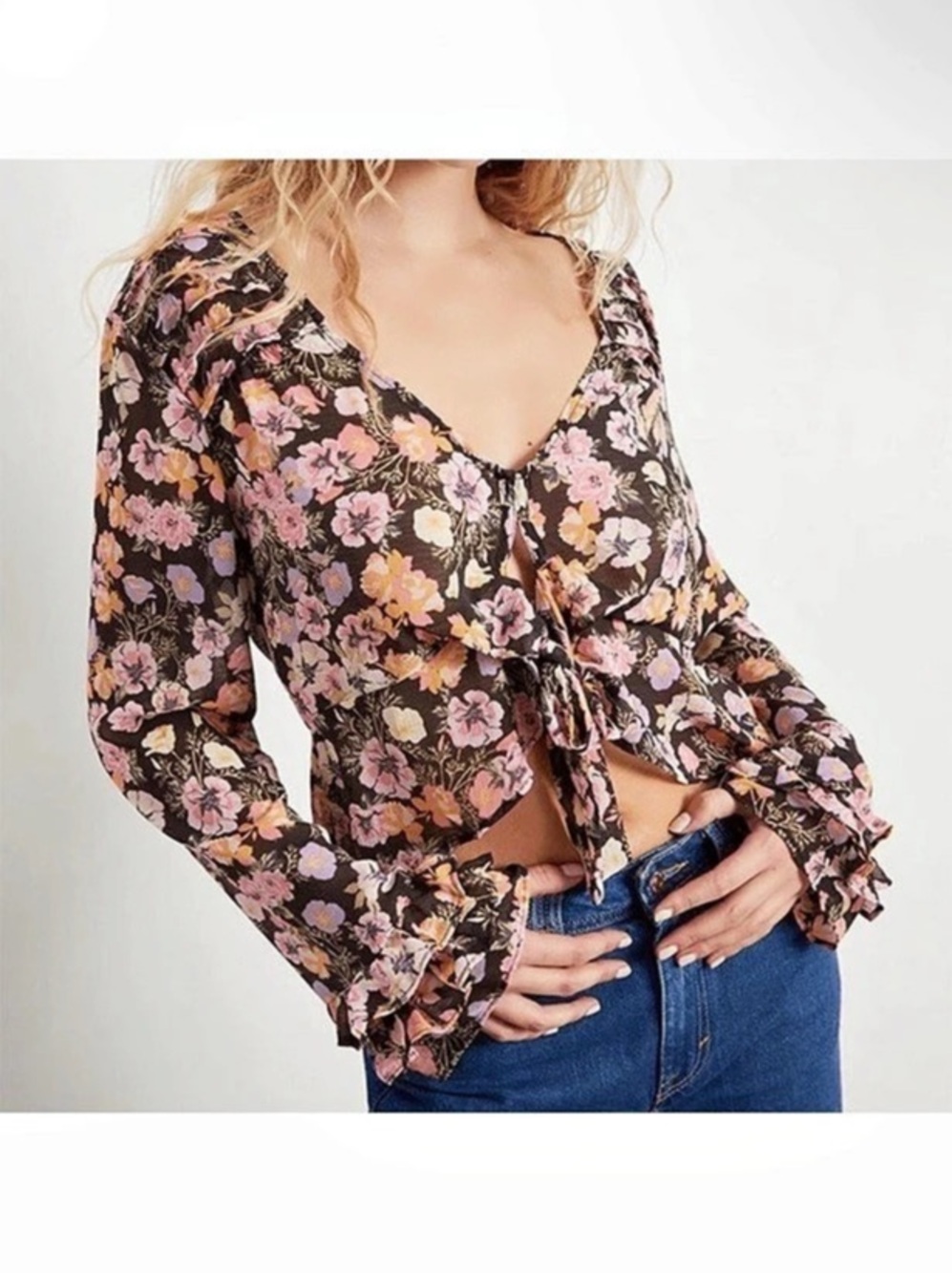 Free People Maybel Sheer Floral Tie-Front Blouse in Black